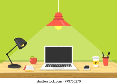 Modern workplace. Laptop on wooden the table. Working place concept. Vector illustration.