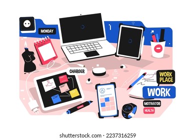 Modern workplace with laptop tablets and smartphone vector illustration. Workspace of office worker flat style concept