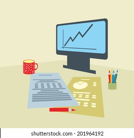 Modern workplace with monitor and document, cartoon style illustration