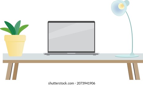 modern workplace with new laptop computer on a desk, working space at home office. Vector graphic.
