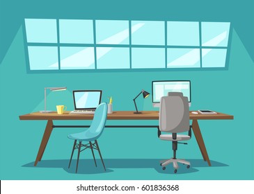 Lugar de trabajo moderno. Trabajo de oficina. Ilustración vectorial de dibujos animados