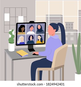 Modern workplace, people in a laptop, woman communicates online.