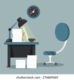 Modern workplace room. Paperwork in office concept. Flat style design. Vector illustration