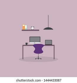 Modern workplace in room. Workspace creative theme. Flat minimalistic style. Flat design . Vector illustration
