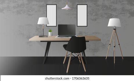 Lugar de trabajo moderno en una elegante sala de loft. Mesa de oficina de madera, portátil, silla, lámpara de mesa. Elemento de diseño de Office. Vector realista