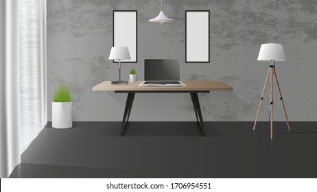 Modern workplace in a stylish loft. Wooden office desk, laptop, table lamp. Office design element. Realistic vector