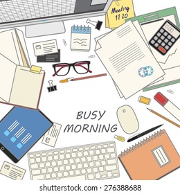 modern workplace with stylized office stuff and place for text. Mock-up modern flat design vector illustration