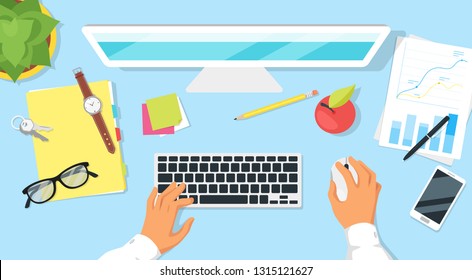 Modern workplace top view with hands and office items around. Office worker at work.