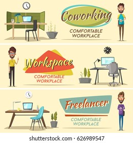 Modern workplaces. Creative characters. Office work. Cartoon vector illustration
