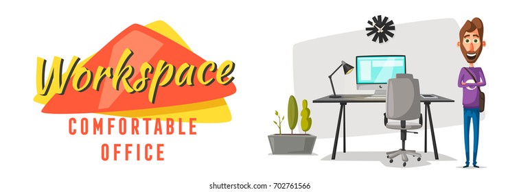 Modern workplaces. Creative characters. Office work. Cartoon vector illustration