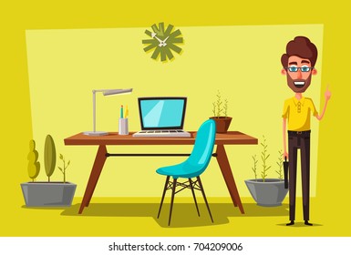 Modern workplaces. Creative characters. Office work. Cartoon vector illustration