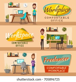 Modern workplaces. Creative characters. Office work. Cartoon vector illustration. Designer workspace. Furniture in interior. For web and banner.