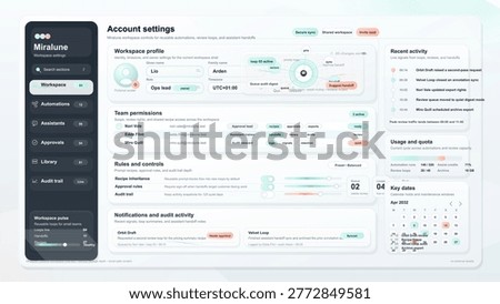 Modern workspace account settings dashboard interface with team permissions, activity feed, usage metrics, notifications and calendar management panels