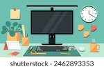 Modern Workspace with Computer Monitor Blank Screen, Cutting Mat, and Office Supplies for an Architect Desk Setup, Designed for Productivity and Comfort, Flat Vector Illustration Design