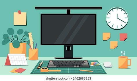 Modern Workspace with Computer Monitor Blank Screen, Cutting Mat, and Office Supplies for an Architect Desk Setup, Designed for Productivity and Comfort, Flat Vector Illustration Design