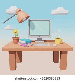 Modern Workspace with Computer Monitor Blank Screen, Cutting Mat, and Office Supplies for an Architect Desk Setup, Designed for Productivity and Comfort, Flat Vector Illustration Design