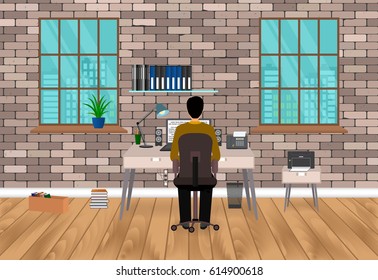 Modern workspace design in hipster style with back view man, working on a laptop. Home workplace interior in living room. Flat style vector illustration.