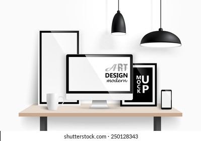 Modern workspace design mock up background. Vector