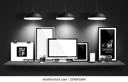 Modern workspace design mock up background. Vector