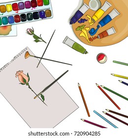 Modern workspace of designer, vector set with paints. Flat lay top view mock up. Blog header. Home office, freelance concept.