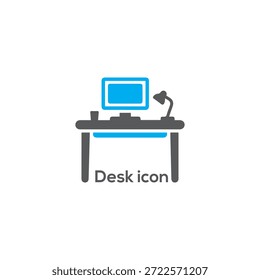 Icono moderno del escritorio del Espacio de trabajo con el monitor del ordenador, la lámpara y la taza de café para la oficina, trabajo remoto, interfaz del diseño del App del negocio

