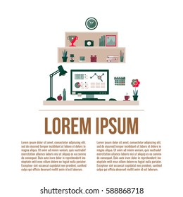 Modern workspace with desktop computer and artist equipment in office interior. Vector isolated on white background with place for your text. 