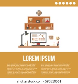 Modern workspace with desktop computer and artist equipment in office interior. Vector isolated on white background with place for your text. 