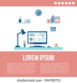 Modern workspace with desktop computer and artist equipment in office interior. Vector isolated on white background with place for your text. 