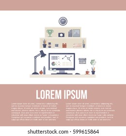 Modern workspace with desktop computer and artist equipment in office interior. Vector isolated on white background with place for your text. 