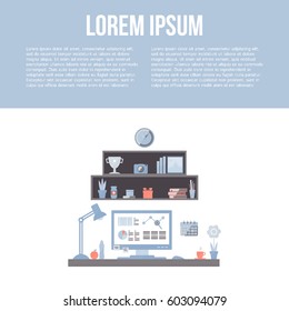 Modern workspace with desktop computer and artist equipment in office interior. Vector isolated on white background with place for your text. 