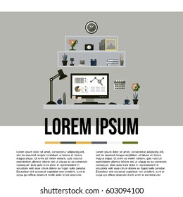Modern workspace with desktop computer and artist equipment in office interior. Vector isolated on white background with place for your text. 