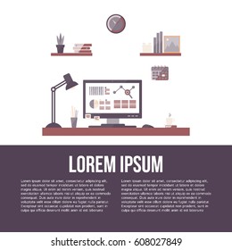 Modern workspace with desktop computer and artist equipment in office interior. Vector isolated on white background with place for your text. 
