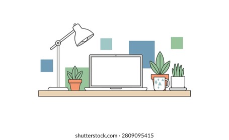 Modern workspace featuring an open laptop on a clean wooden desk with a stylish desk lamp and small potted plants arranged for a productive atmosphere.