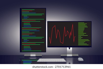 A modern workspace featuring two computer monitors. One displays lines of colorful code, while the other shows a data graph in red and green. Ideal for tech or coding themes. Vector illustration