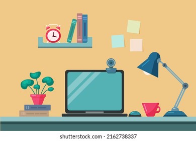 modern workspace flat vector style background design. Laptop on the table, lamp, coffee, books. Office desktop. Conference. Online learning. Lessons at home.