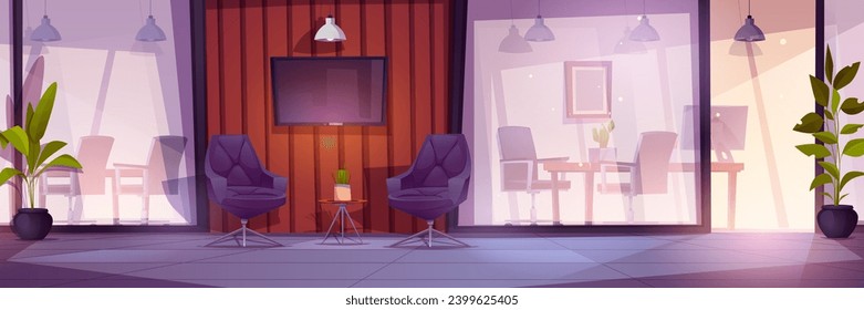 Modern workspace with glass wall - cartoon vector office room interior with armchairs and plants in hall, workrooms with tables and chairs, computers and accessories behind transparent partition.