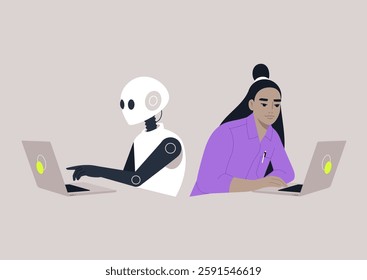 In a modern workspace, a human and a robotic figure sit side by side, each focused intently on their laptops, This moment illustrates the harmony between human effort and AI assistance in daily tasks