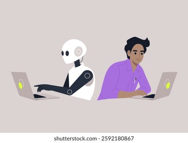 In a modern workspace, a human and a robotic figure sit side by side, each focused intently on their laptops, This moment illustrates the harmony between human effort and AI assistance in daily tasks