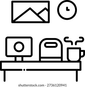 Modern Workspace Icon: Desk with Computer and Coffee