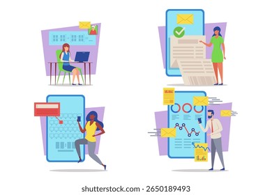 In modern workspace, individuals engaged with technology. Some sending emails, analyzing data, and collaborating on projects through various digital platforms and applications - Powered by Shutterstock - Get 15% off with code: PIKWIZARD15