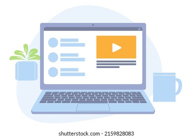 Espacio de trabajo moderno con ordenador portátil, flor en maceta y jarra en el escritorio de la oficina. Ilustración vectorial aislada en fondo blanco.