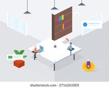 Modern workspace with people working on computers and interacting in a collaborative setting during the day