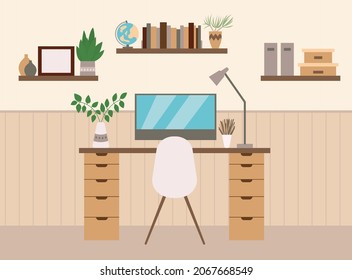 Modern workspace in room with computer table, chair, lamp and bookshelves. Flat vector illustration. Interior design of study room.