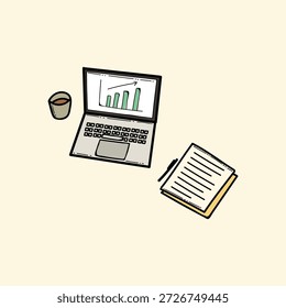 A modern workspace scene featuring a laptop displaying a rising chart, a cup of coffee, and a notebook with a pen. Ideal for finance, strategy, or remote work themes.