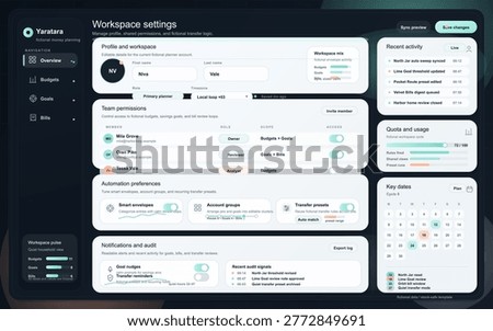 Modern workspace settings dashboard interface for a personal finance web app with team permissions, automation preferences, recent activity, usage metrics and calendar panels