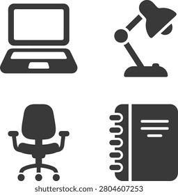 Modern workspace setup featuring a laptop, desk lamp, ergonomic chair, and notebook