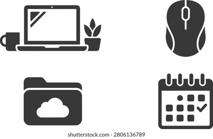 Modern workspace setup featuring a laptop, mouse, plant, folder, and calendar