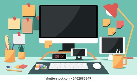 Modern Workspace Setup for UX, UI Designer with Computer, Smartphone, and Tablet in a Home Office Environment to Enhance Productivity, Flat Vector Illustration Design