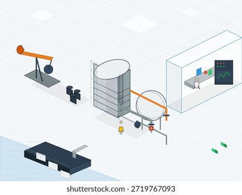 Un espacio de trabajo moderno muestra una combinación de diferentes estructuras que incluyen un área de visualización, básculas de pesaje y personas que participan con la tecnología. Se centra en la actividad industrial.