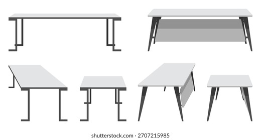 Conjunto de escritorio de mesa de espacio de trabajo moderno para oficina y hogar con diferente diseño en varios muebles de poses para el hogar y el diseño interior de la oficina aislados